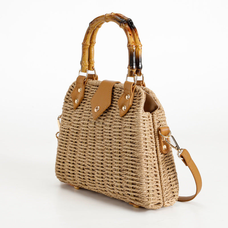 Mori Braided Handbag Imitation Bamboo Handle Cowhide Decorative Tote Bag Metal Rivet Buckle Non-Slip Foot Pad Crossbody Commuter Vacation Bag