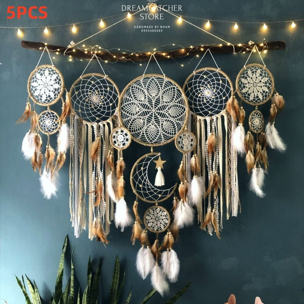 One Set5Large Handmade Moon Phase Pendant，Bohemian Style Wall Decoration，Celestial Sun and Moon Sweet Dream Bed Decoration，Bedroom Fabric Decorations-Camel