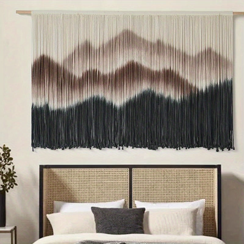 【Family relaxation】Large Bohemian Macrame Wall Hanging Canvas - Stripes、Gradient Blue and Black Fiber Art，Perfect for modern home decor，51Inches Wide x 31Inches Long，Cotton material，Bohemian Home Decor|Striped Pattern|Handmade Textile Products，McLamy Wall