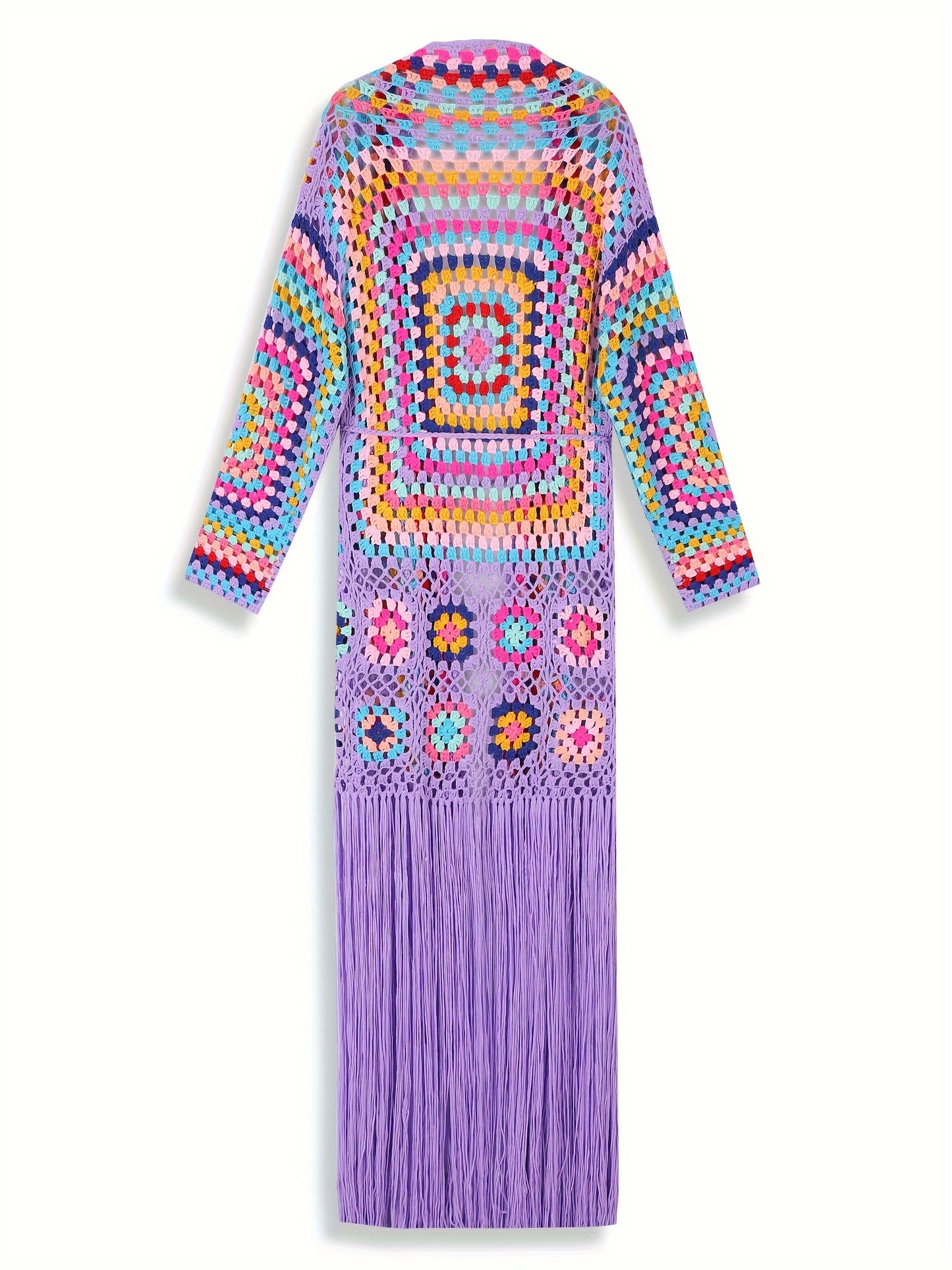 [Casual Knitted Cardigan] Long-Sleeved Women's Knitted Open-Front Cardigan - Casual Tassel Hollow Hand-Crocheted Long Coat for Women Swimsuit Cover-Ups A1215
