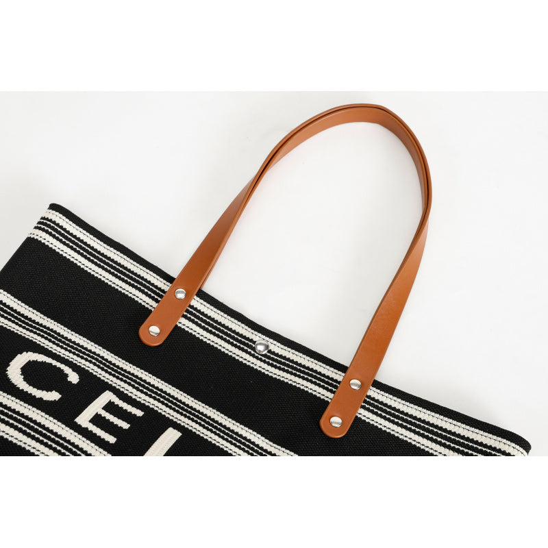 [CEILK Black and White Striped Tote]Large Capacity Commuter Bag Brown Leather Handle Simple Fashion Flying Woven Bag