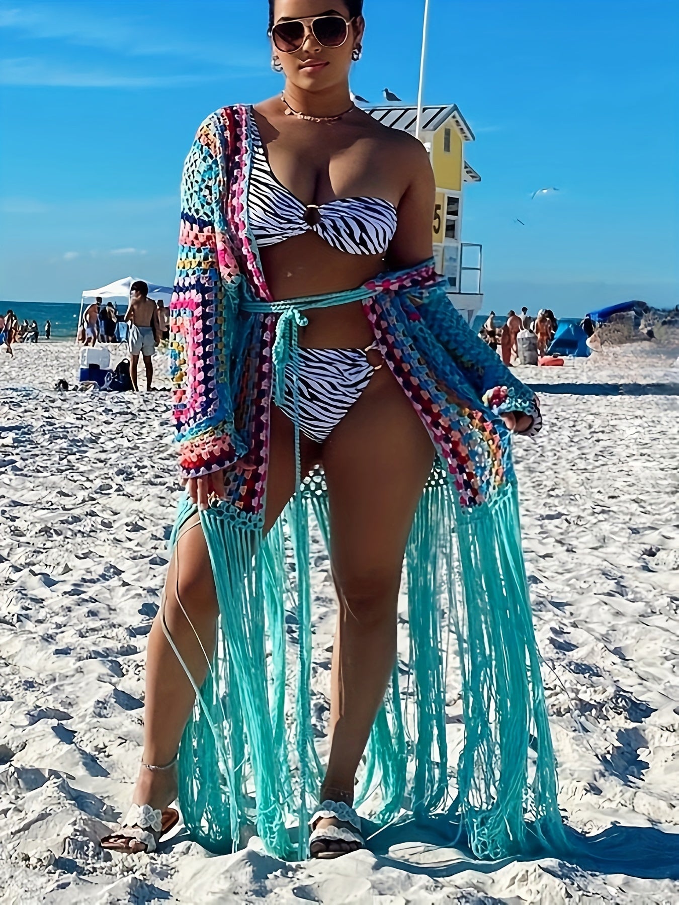EDOLYNSA Handmade Crochet Tassel Women's Elegant Sweater Jacket Casual Vacation Long Cardigan Women's Spring and Autumn Jacket Swimwear Cover-up A1215