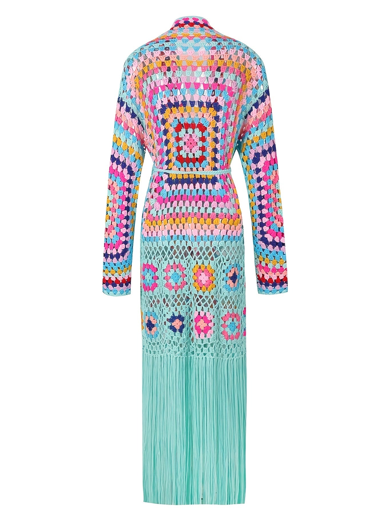 EDOLYNSA Handmade Crochet Tassel Women's Elegant Sweater Jacket Casual Vacation Long Cardigan Women's Spring and Autumn Jacket Swimwear Cover-up A1215