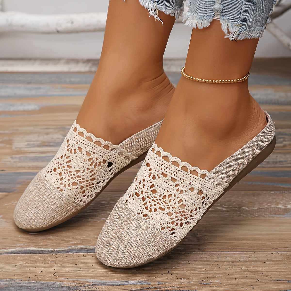 Women'S Casual Slip-On Mules - Breathable Linen and Mesh Summer Sandals, Flat Heel, Lightweight TPR Sole, Outdoor Comfort, Crochet Shoe Design | Knitted Texture Footwear, Comfortable Footwear | Crochet Pattern | Breathable Sandals
