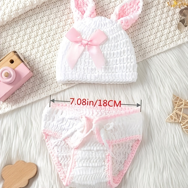 1Handmade Crochet Rabbit Costume，Suitable for Newborns - Cotton Blend Baby Photo Props - Unisex Baby Bunny Costume，With a knitted hat and pants
