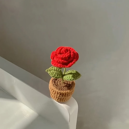 1PC Handmade Crochet Mini Potted Rose Tulip Office Decoration Yarn