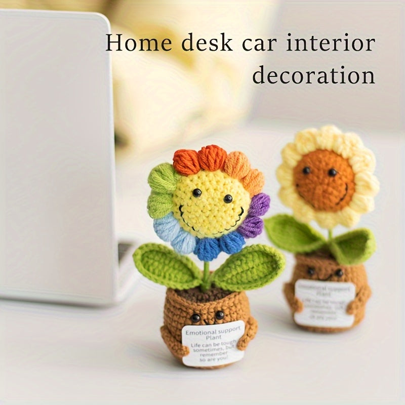 Handmade Crochet Sunflower Potted Plant with Inspirational Quotes - Rainbow Smiley Face Artificial Flower，Home、Office or desktop decoration - Mother's Day、Perfect choice for Valentine's Day or graduation gifts
