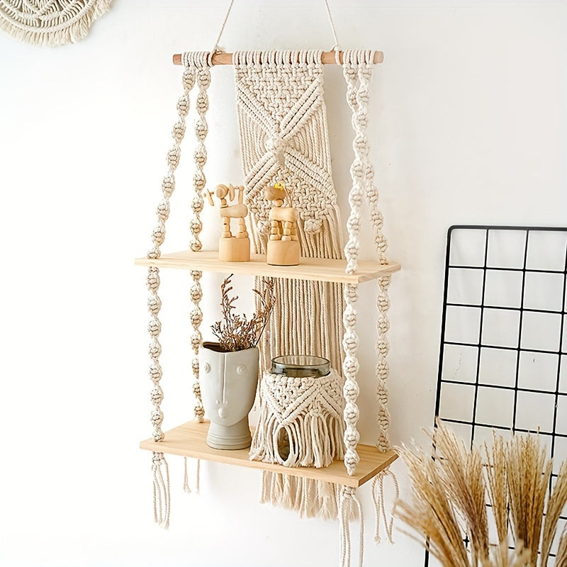 Bohemian Style Handwoven Wall Hanging，Double-layer Floating Rack，Natural Wood Style Home Decor Storage Rack，Suitable for bedroom and bathroom，Plant Display Stand with Rope，Indoor Use