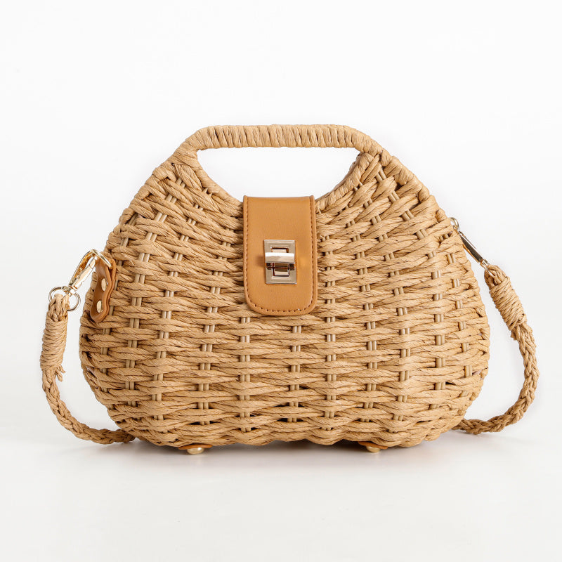 Mori Braided Handbag Natural Straw Tote Bag Light Brown Leather Decoration+Metal Lock Buckle Removable Shoulder Strap Multi-Purpose Package Non-Slip Foot Design