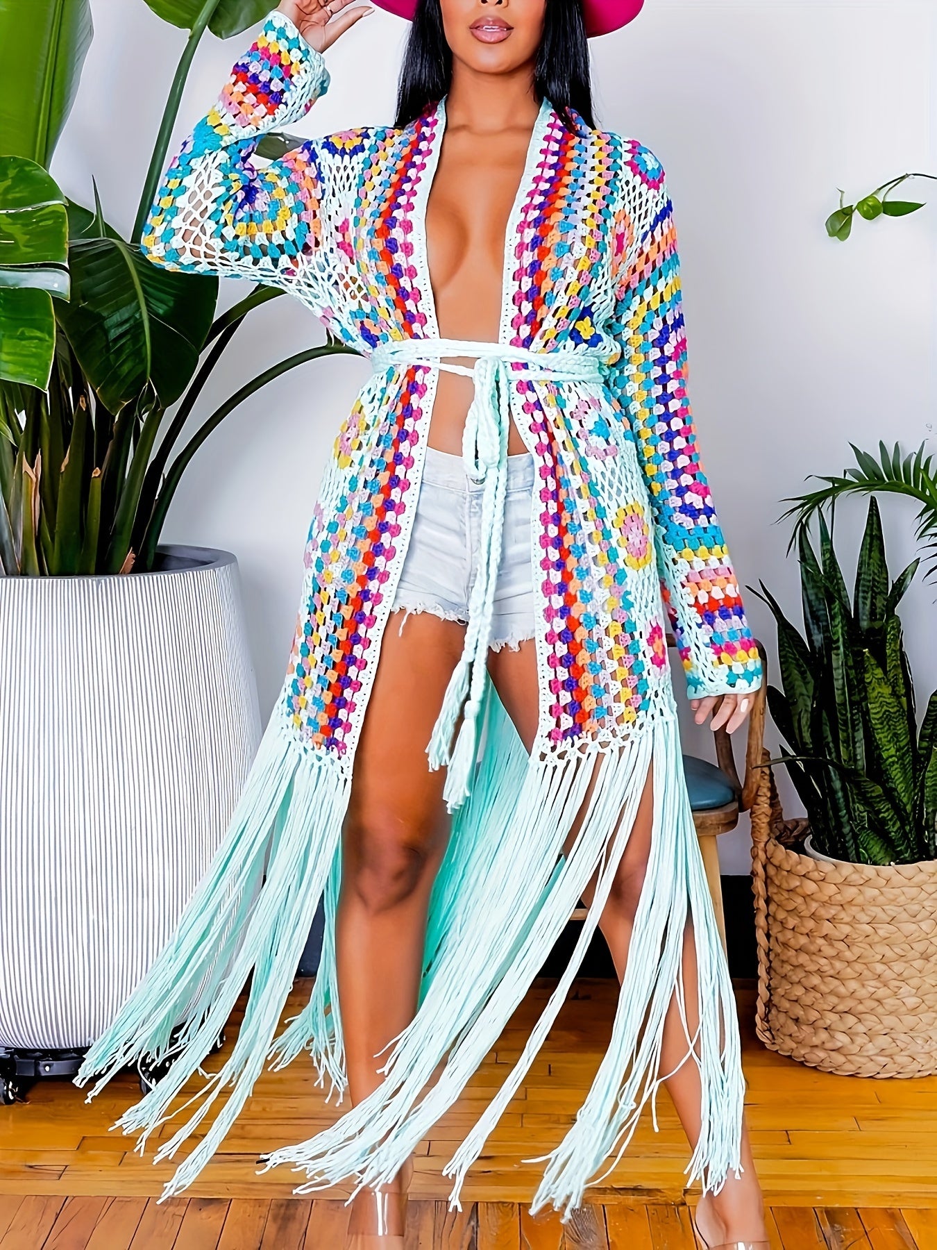 EDOLYNSA Handmade Crochet Tassel Women's Elegant Sweater Jacket Casual Vacation Long Cardigan Women's Spring and Autumn Jacket Swimwear Cover-up A1215