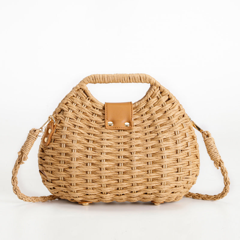 Mori Braided Handbag Natural Straw Tote Bag Light Brown Leather Decoration+Metal Lock Buckle Removable Shoulder Strap Multi-Purpose Package Non-Slip Foot Design