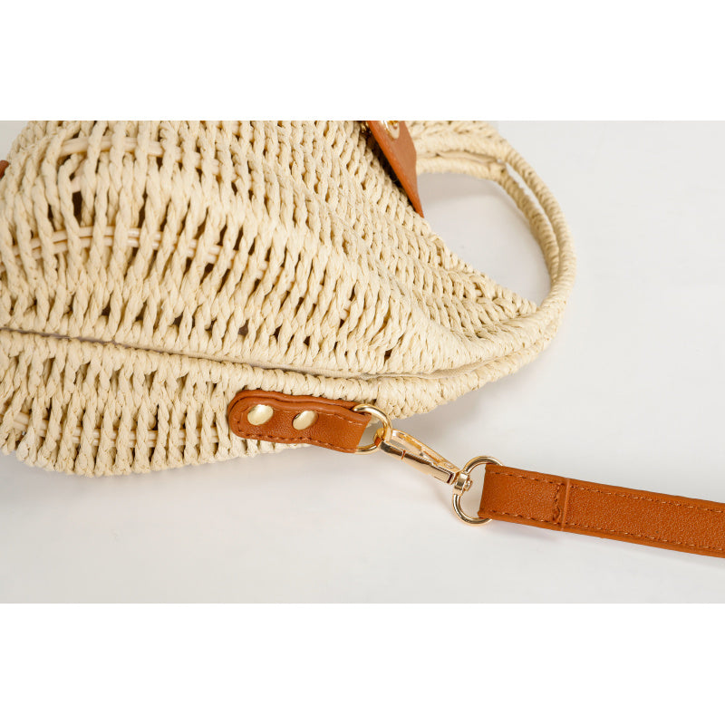 Hand-Woven Tote Natural Straw Shoulder Bag Brown Leather Flip Metal Buckle Portable Crossbody Dual-Use Non-Slip Foot Design