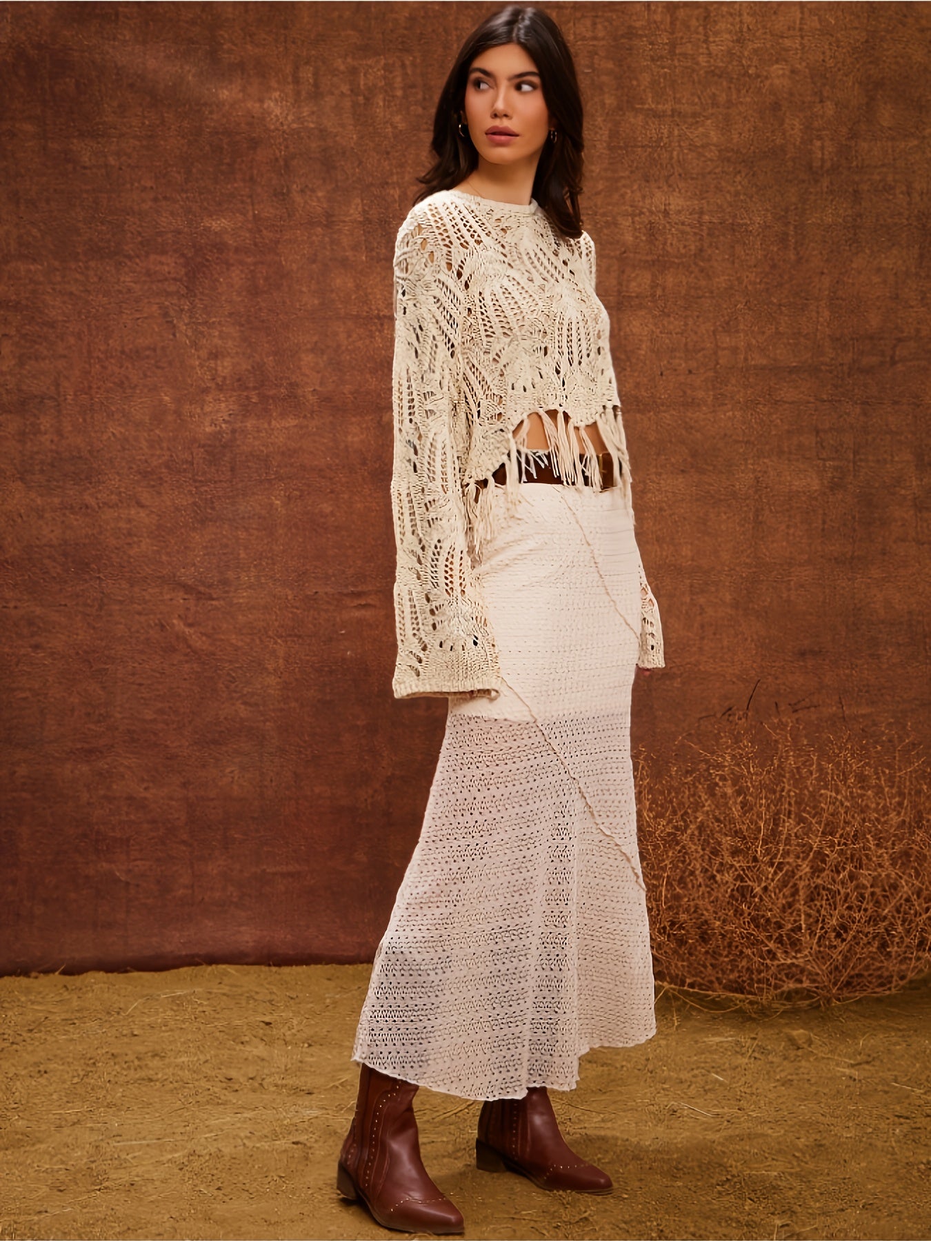 Elegant Long Sleeve Crochet Sweater with Tassel Hem - Tribal Pattern, Crew Neck, Fringe Detail, Ideal for Summer Beach Vacations, Women'S Fashion, Beachwear Sweater|Crochet Top| Fringe Detailing