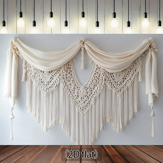 1pc Boho Jute Rope Wall Art Background，Elegant Crochet Patterns and Nodular Edges - 2D Graphic Design，White polyester，Perfect for weddings，Camera Room and Multi-Functional Decoration，No Electricity Required，Wedding Decoration | Elegant Crochet Design | Ju