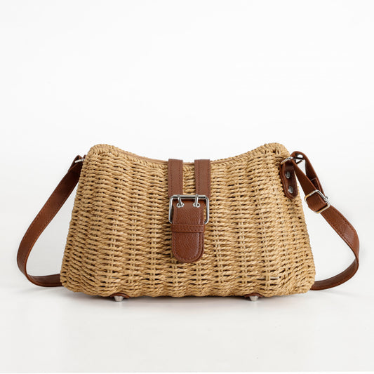 Forest Style Handwoven Tote Bag Top Layer Cowhide Flip Cover Metal Buckle Adjustable Strap Dual-use Bag Non-slip Base Design