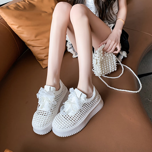 Women'S Breathable Crochet Mesh Sneakers - Low-Top Lace-Up Casual Shoes with Thick Rubber Sole, White & Golden Accents, All-Season Comfort for Casual Attire, Ladies Sneakers, Comfortable Footwear, Stylish Bow Detail, Durable Footwear