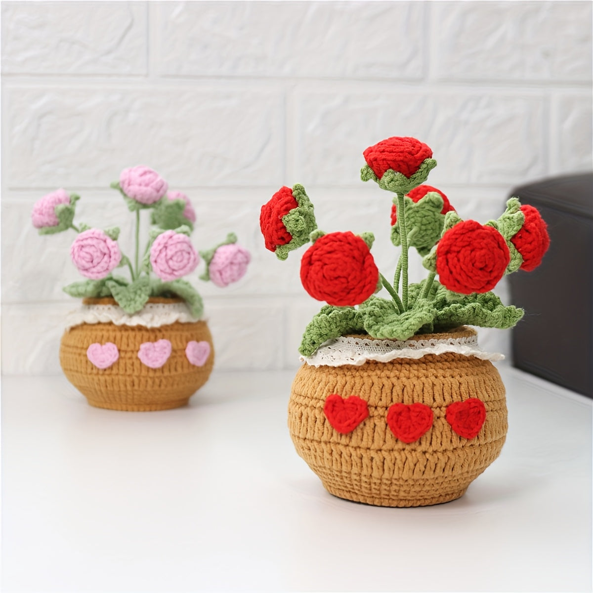1Crochet Yarn Flower Pot Plant Car Ornament Eternal Flower Yarn Ornament Bonsai Gardening Handmade Crochet Lucky Tulip Yarn Potted Plant Artificial Living Room Decoration Father's Day Mother's Day Graduation Season Halloween Christmas Decoration Artificia