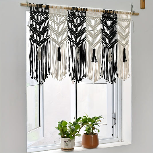 1Bohemian Style Black and White Contrast Fiber Art Tapestry with Tassels Flag Background Wall Hanging Handwoven Living Room Bedroom Bedside Fabric Partition Door Curtain - Does not include wooden poles
