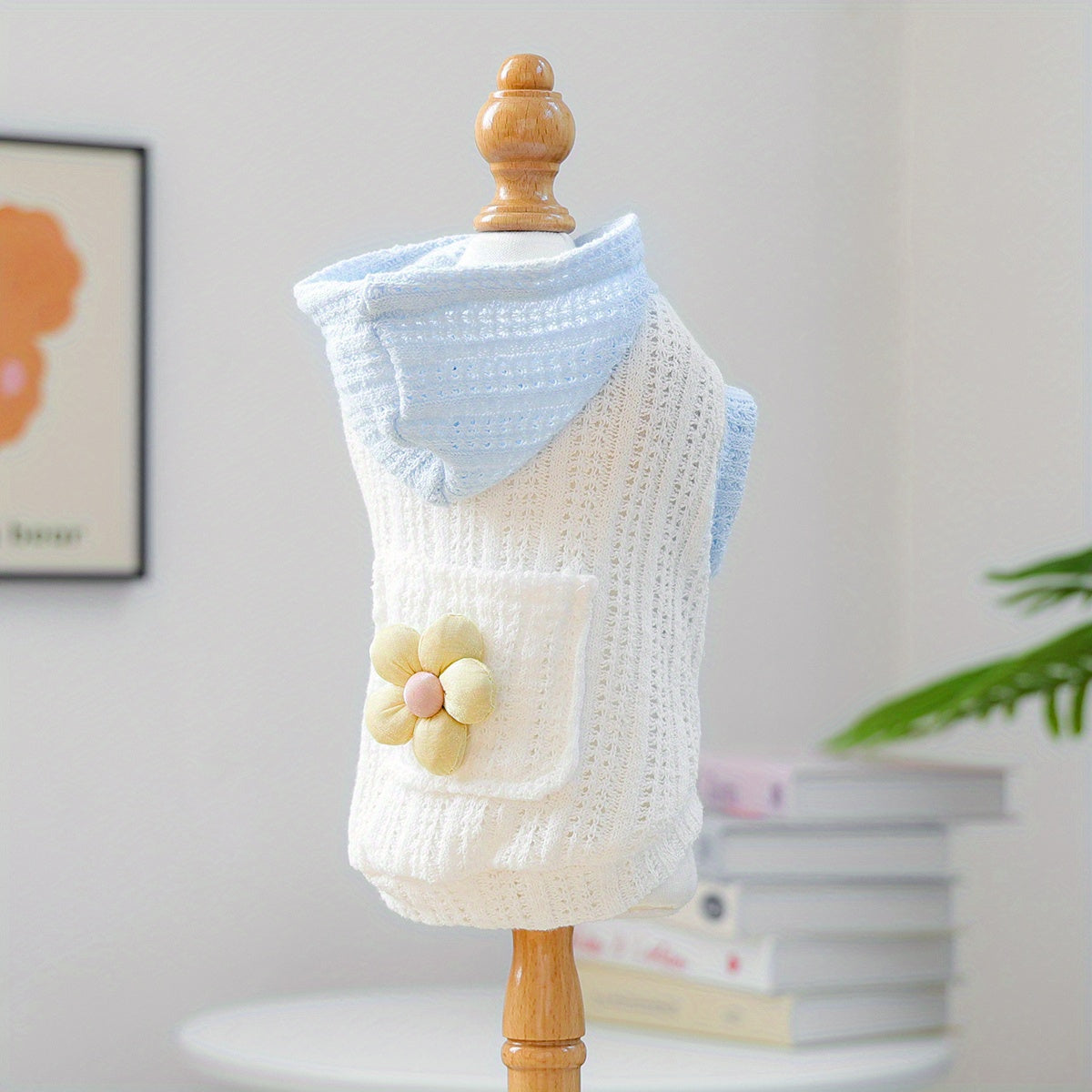 Light Blue and White Crochet Knitted Small Dog Hoodie - Breathable Pullover with Flower Patch，Adjustable Hood Pocket and Pocket，Spring Summer Autumn Teddy Bichon Fluffy Plush Dog Clothes，Comfortable Pet Shirt for Small Dogs