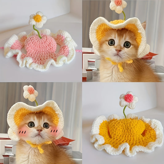 Elegant Crochet Cat Hat，With ruffle edges and floral decorations – Soft material，Easy to Wear – Perfect for Birthday、Holiday、Travel photos – Suitable for small to medium-sized cats – Cute pet accessories，Yellow and pink，Cat Party Costume |Cute Cat Accesso