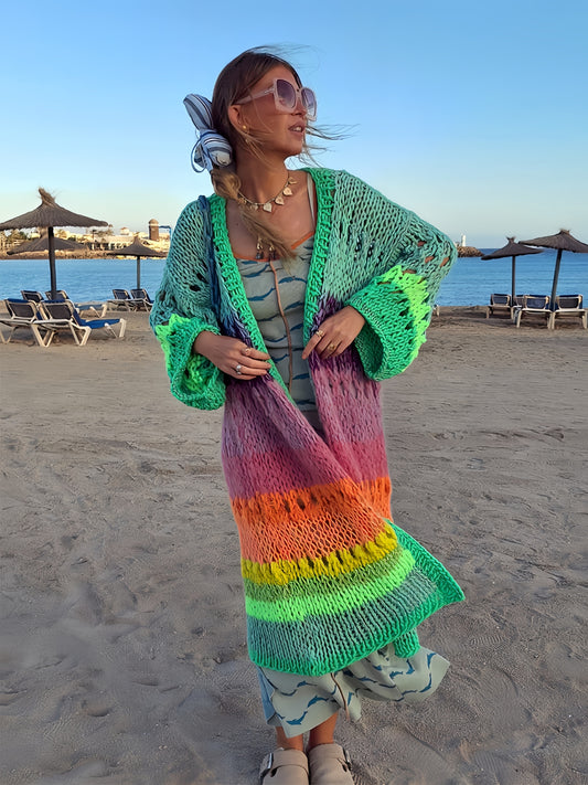 Luxurious hand- colorful Women's warm coat gradient bright color retro lantern sleeve ribbon cardigan fashionable boho long chic Women's coat Swimsuit Cover-ups K12