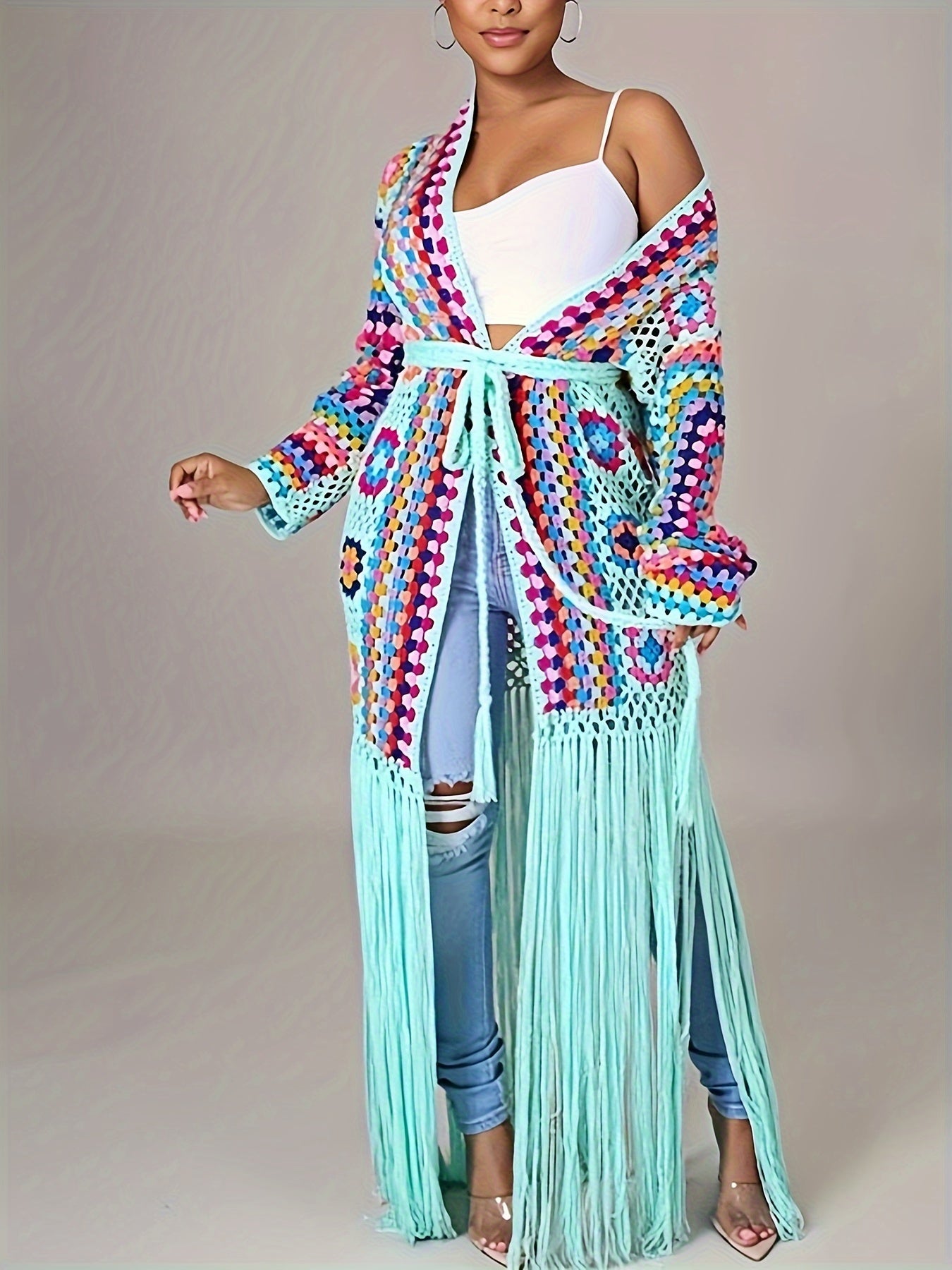 EDOLYNSA Handmade Crochet Tassel Women's Elegant Sweater Jacket Casual Vacation Long Cardigan Women's Spring and Autumn Jacket Swimwear Cover-up A1215