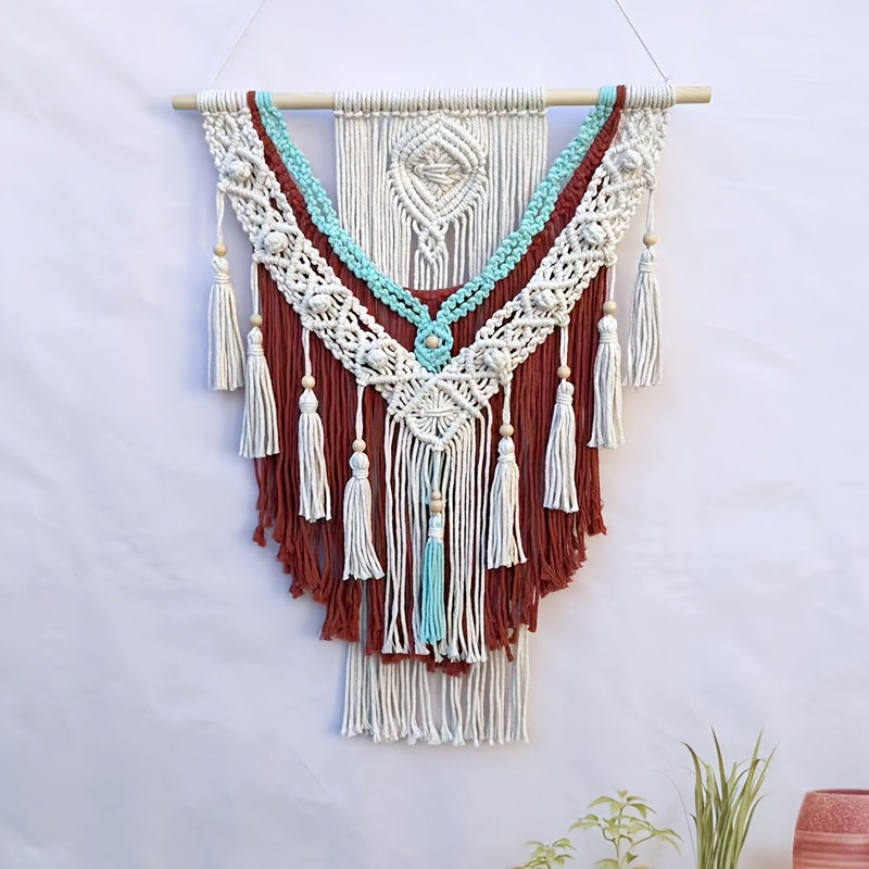 Handmade Geometric Pattern Tapestry - Bright Orange-Green Tassel Decoration Paired with White Accents，bohemian Style Home Office and Living Room Art，No Electricity Required Indoor Wall Decoration，Unique Gift Ideas
