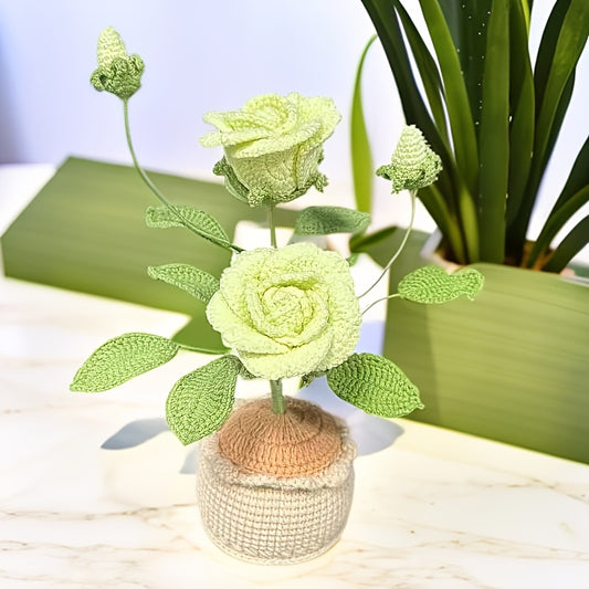 Handmade Crochet Rose Flower Pot Plant，Fabric Rose Flower Shrub Garden Decoration，Teacher's Day Valentine's Day Gift，Desktop Floral Arrangement，No Battery，Comes with container，Suitable for various room types，Suitable for Thanksgiving，Mother's Day，Graduati