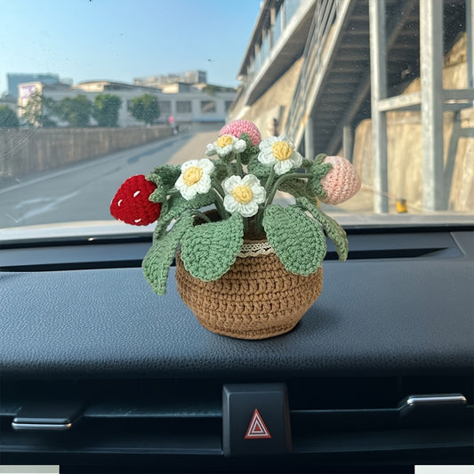 1Handwoven Strawberry and White Flower Pot Plant - Eternal Fabric Flowers，Lucky Strawberry for Car and Home Decoration