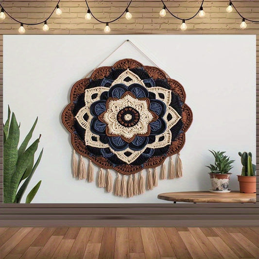 1Bohemian Mandala Wall Hanging Canvas - The Art of Complex Crochet，Designed with tassels，Plant Decoration Theme for Living Room and Outdoor Celebrations，Suitable for Party，2D Banner