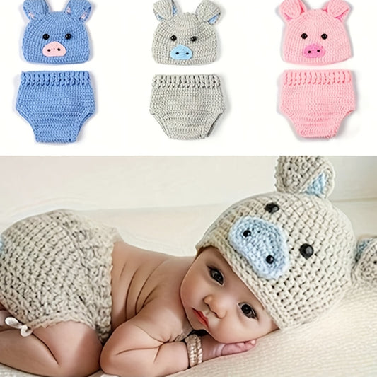 Baby Photography Props Pig Hat Shorts Set Newborn Animal Costume Handmade Photo Outfit
