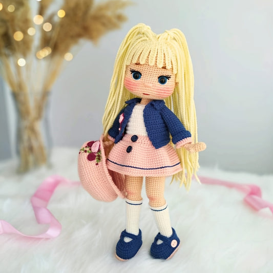 1Pieces/Set，Amigurumi Adult Crochet Handcraft DIY-Beginner's Crochet Kit for Characters，Academy Style Yellow Long-Haired Girl，Includes everything needed for crochet，Paper English Basic Knitting Tutorial Manual，Detailed instructional videos suitable for be