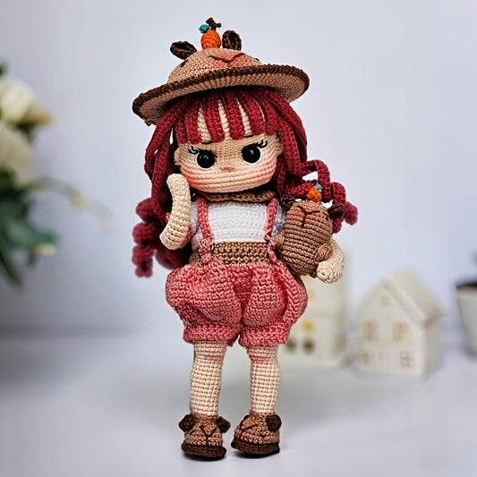 2A red-haired girl + Hat - Handmade Crochet DIY Material Set，Girl Pattern - Includes English Paper Manual，Complete Tool Set - Suitable as a birthday gift，Comes with a gift bag，Suitable for All Seasons - Unfinished product，Birthday Party Handicrafts | Fun