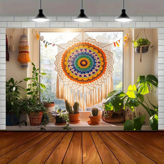1Bohemian Mandala Crochet Hanging Decoration - Colorful plants and wooden floor decorations，Indoor and Outdoor Parties、Wedding、Event Decoration，No Electricity Required | Bright Decorations | Natural style decor，Bohemian Style