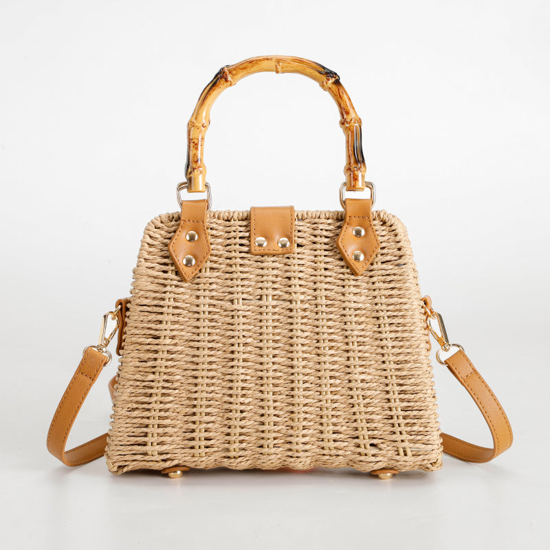 Mori Braided Handbag Imitation Bamboo Handle Cowhide Decorative Tote Bag Metal Rivet Buckle Non-Slip Foot Pad Crossbody Commuter Vacation Bag
