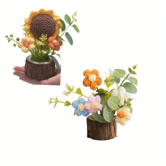 2Handmade Crochet Sunflower Flower，Knitted Mini Cute Potted Plant Home Desktop Decoration，Suitable for office desk、Gift，Sunflower