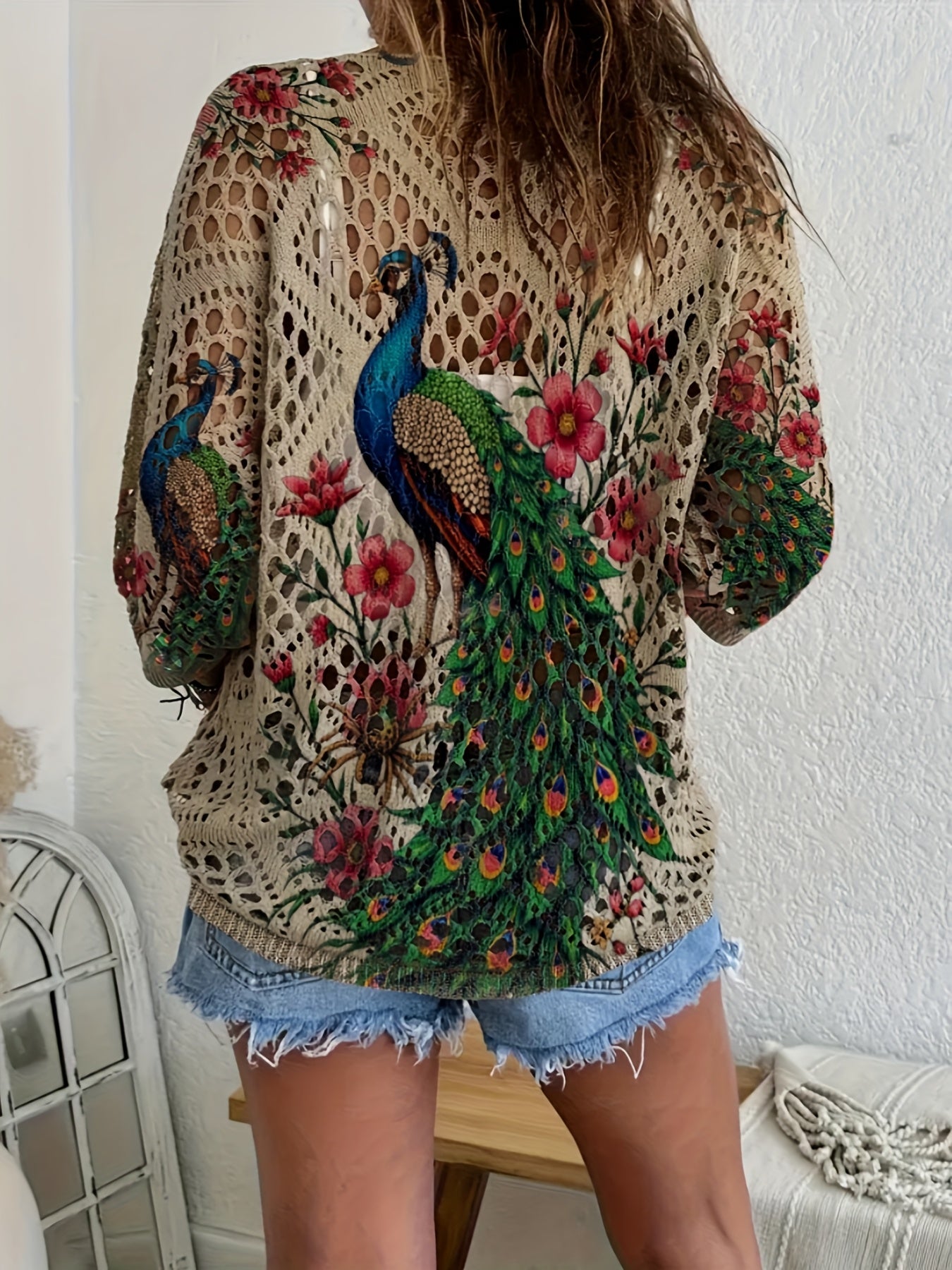 [Bohemian Crochet Top] Bohemian Peacock Floral Print Crochet Top - V-Neck, Batwing Sleeves, Sun Protection | Women's Casual & Vacation Wear, Spring/Summer Fashion, Vacation Attire, Crochet Texture