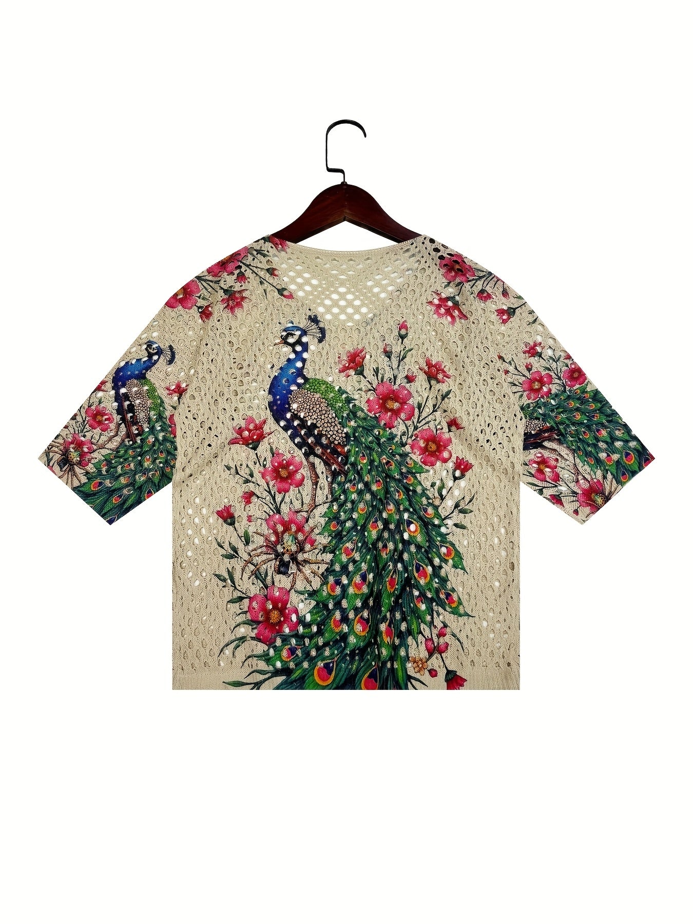 [Bohemian Crochet Top] Bohemian Peacock Floral Print Crochet Top - V-Neck, Batwing Sleeves, Sun Protection | Women's Casual & Vacation Wear, Spring/Summer Fashion, Vacation Attire, Crochet Texture