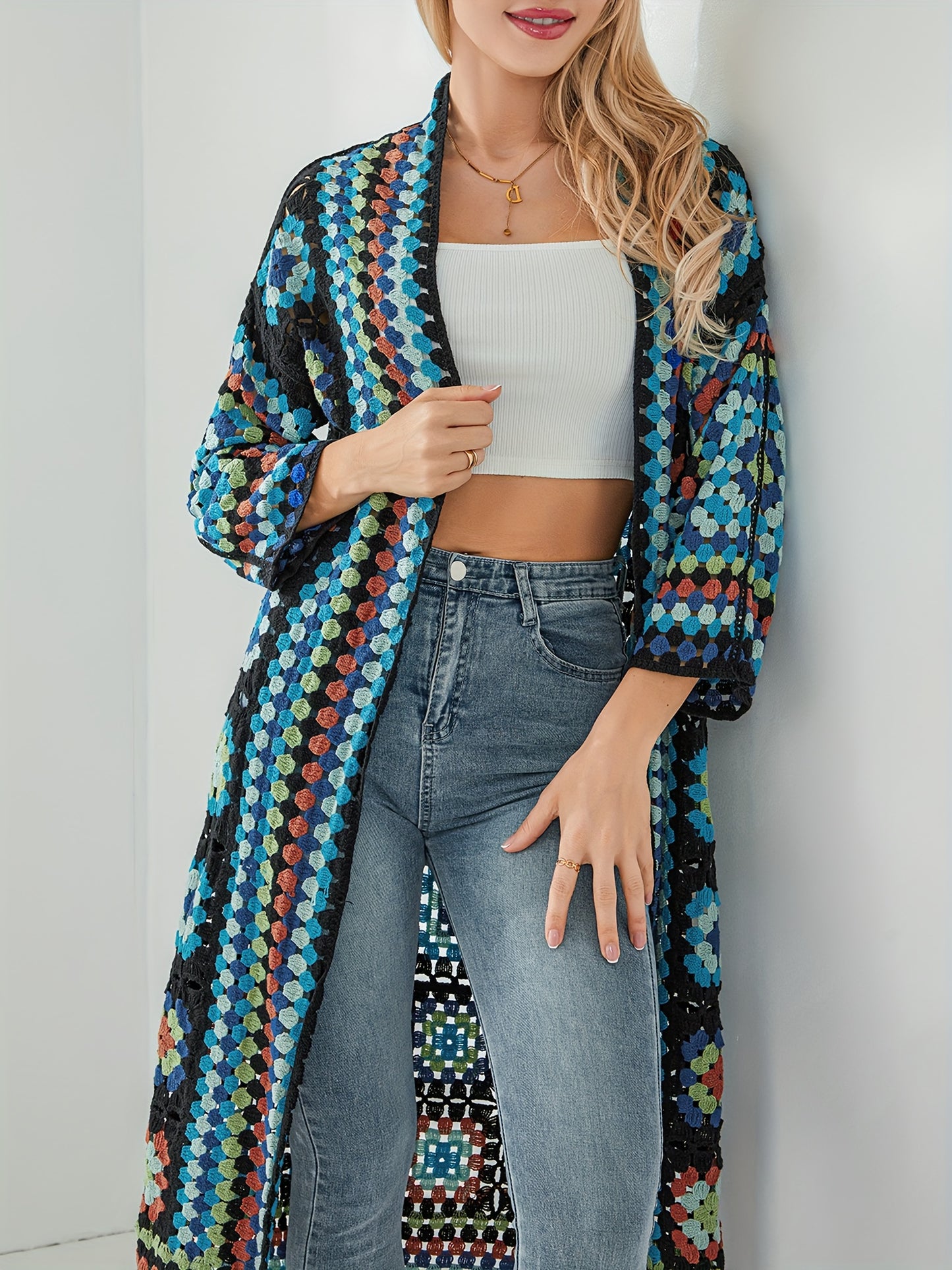 Women's Bohemian Crochet Floral Cardigan - Open Front Long Sleeve Lace Sweater with Vibrant Floral Print, Machine Washable All-Season Casual Outwear Coat, Crochet Cardigan, Stylish Layering, Detailed Craftsmanship