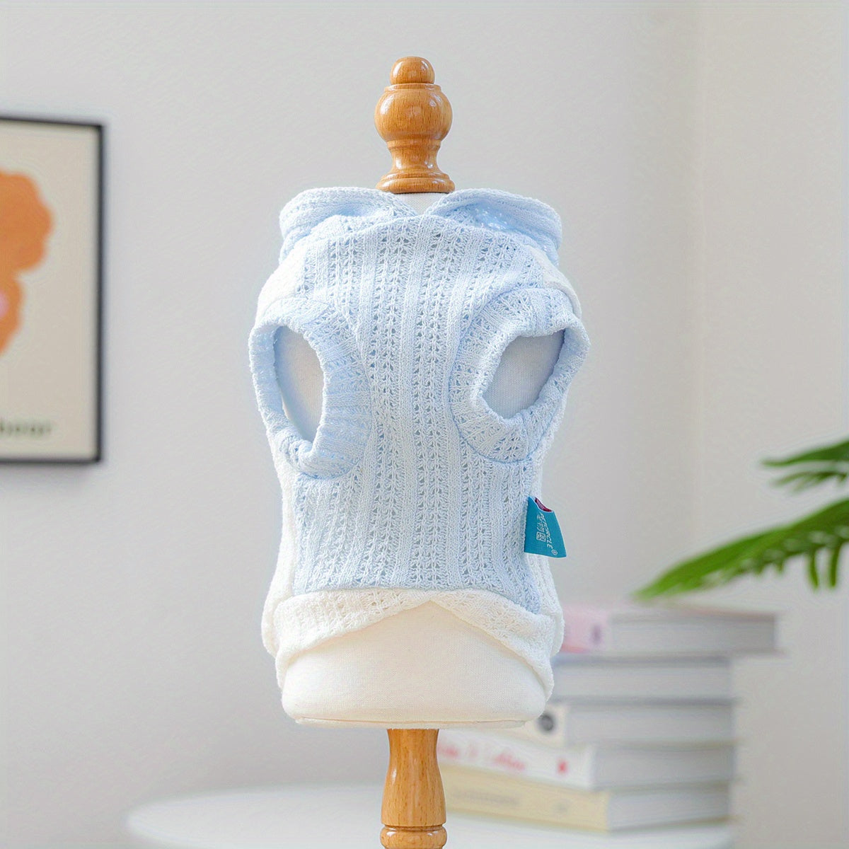 Light Blue and White Crochet Knitted Small Dog Hoodie - Breathable Pullover with Flower Patch，Adjustable Hood Pocket and Pocket，Spring Summer Autumn Teddy Bichon Fluffy Plush Dog Clothes，Comfortable Pet Shirt for Small Dogs