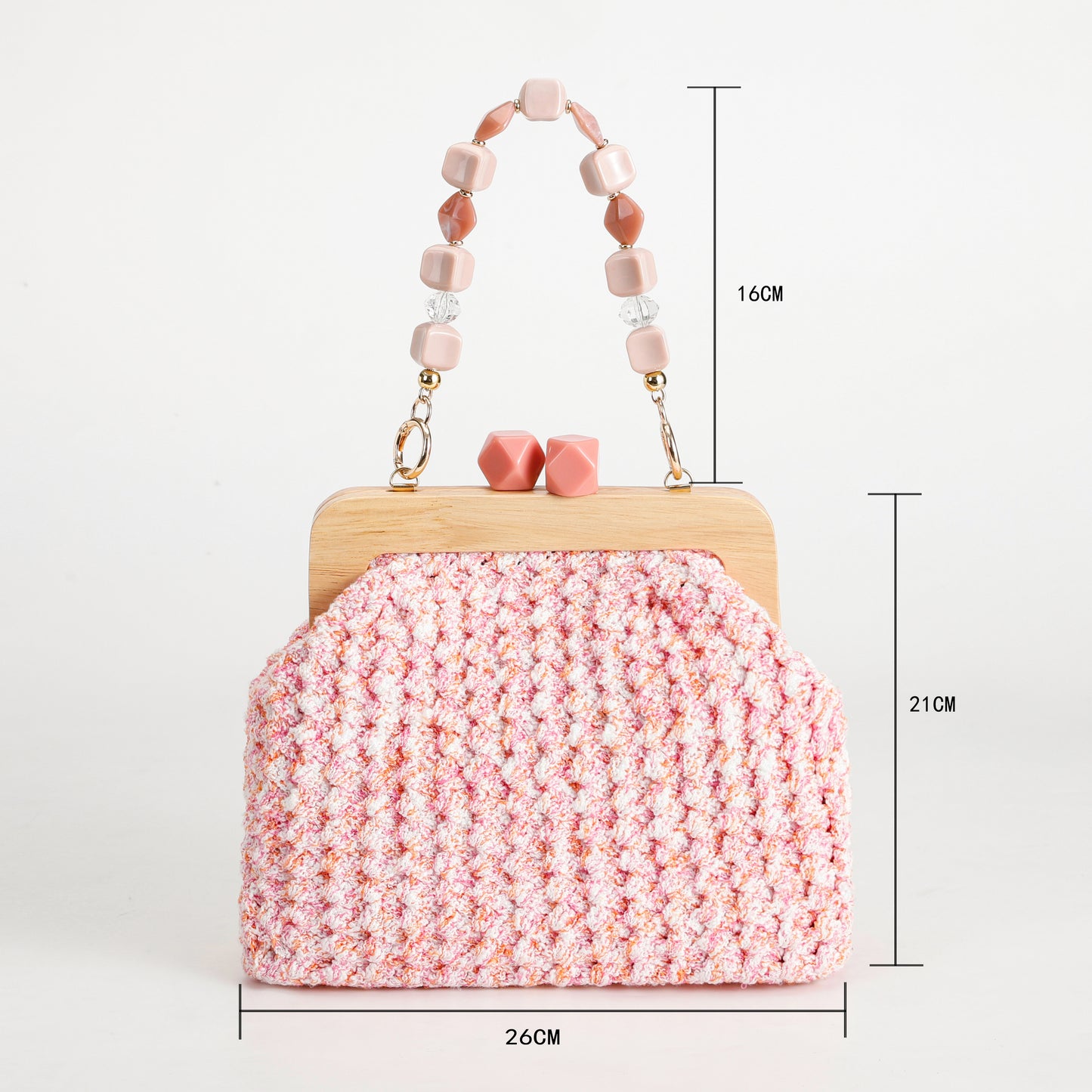 Sweet Retro Pink Hand-Woven Handbag Wooden Handle+Beaded Chain Mori Style Girl's Crossbody Bag