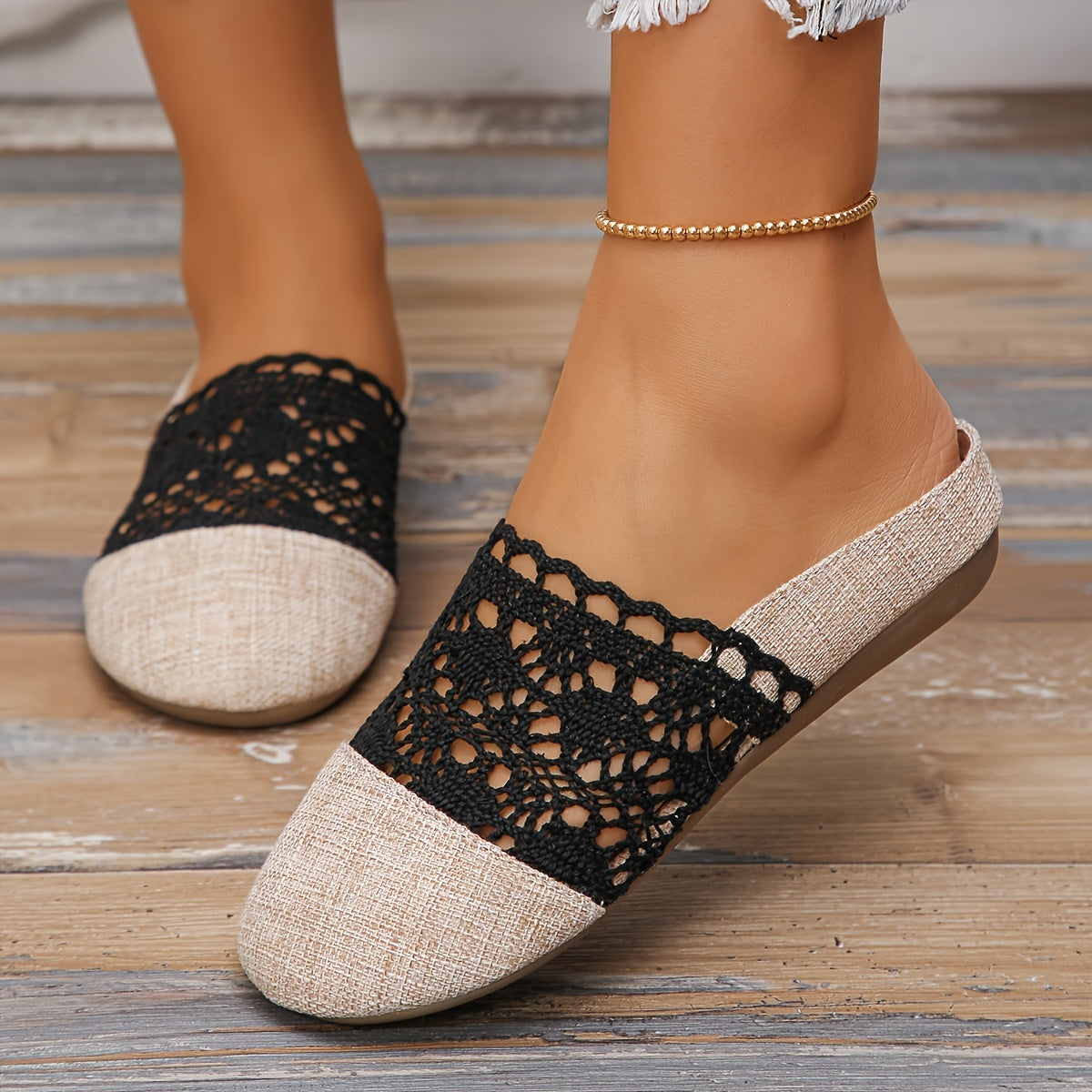 Women'S Casual Slip-On Mules - Breathable Linen and Mesh Summer Sandals, Flat Heel, Lightweight TPR Sole, Outdoor Comfort, Crochet Shoe Design | Knitted Texture Footwear, Comfortable Footwear | Crochet Pattern | Breathable Sandals
