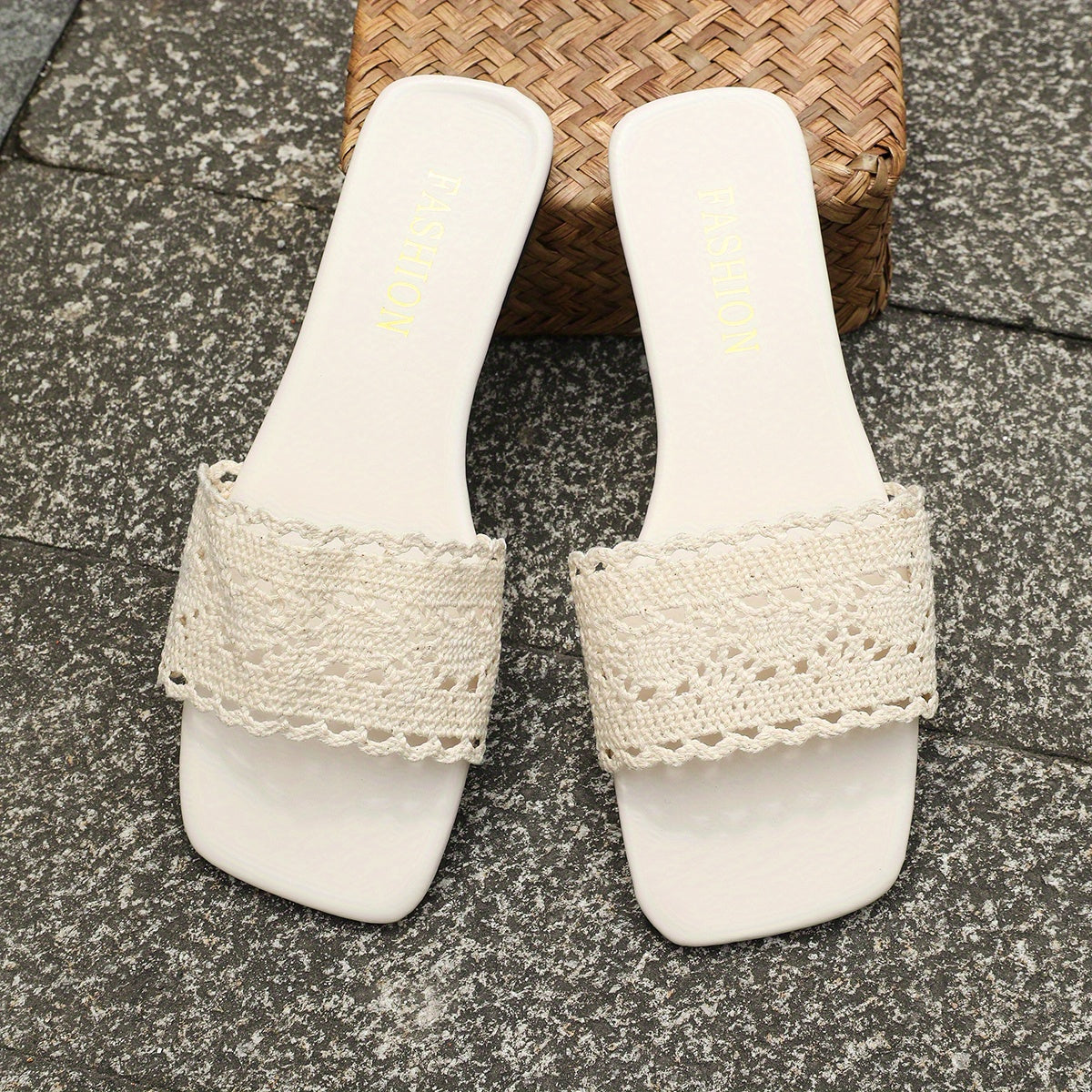 Women'S Summer Crochet Slide Sandals - Open-Toe Flat Sole, Breathable Mesh Upper with White PVC Sole, Casual Beach & Casual Attire, Casual Footwear | Crochet Sandals | Mesh Upper Sandals