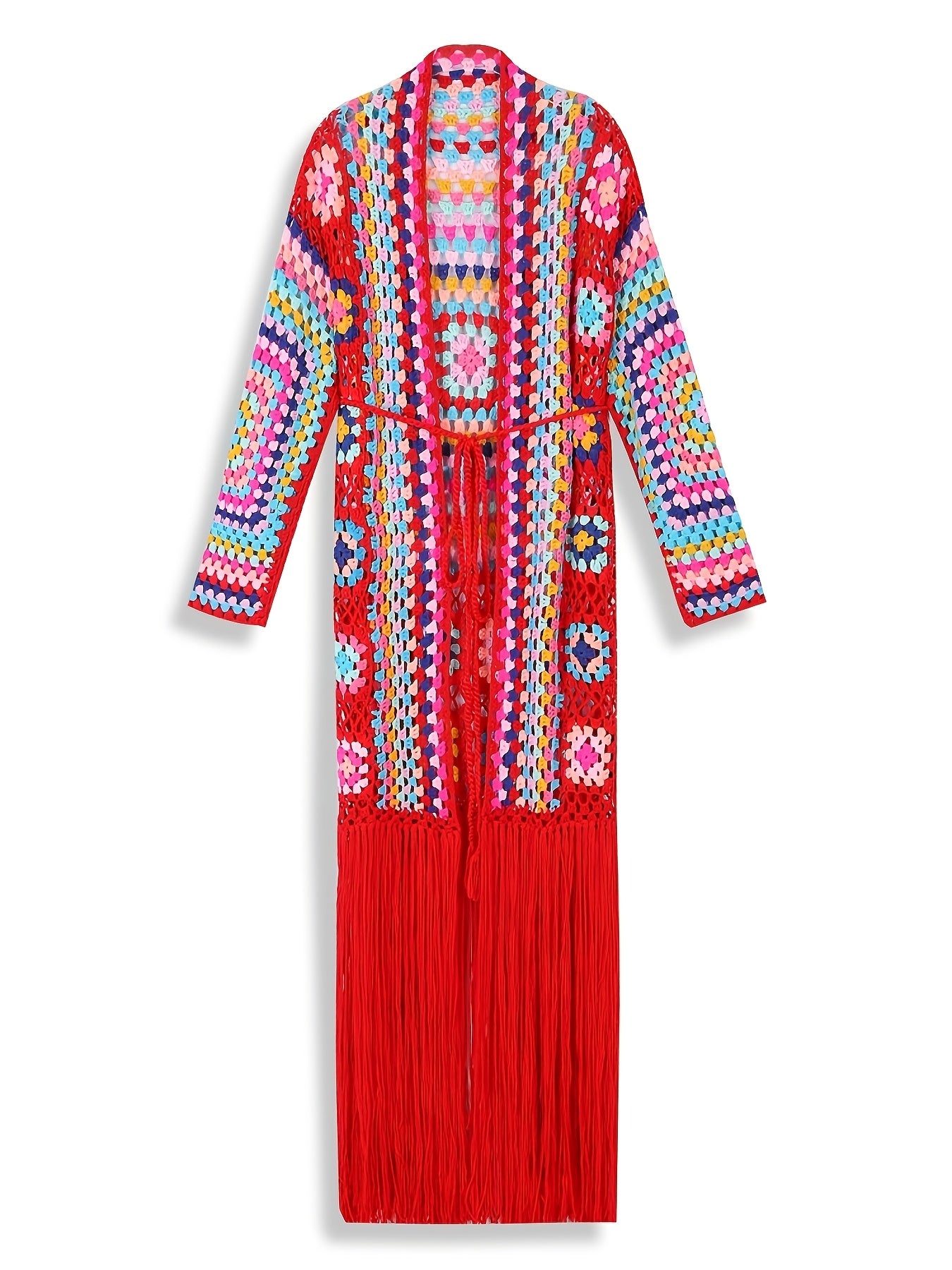 EDOLYNSA Handmade Hollow Crochet Long Sleeve Tassel Women'S Knit Jacket, Elegant Cropped Knit Cardigan, Ethnic Style, Casual, Sweater, Beach Cover-Up A121
