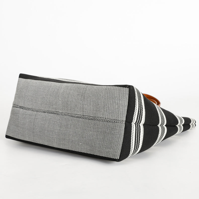 [CEILK Black and White Striped Tote]Large Capacity Commuter Bag Brown Leather Handle Simple Fashion Flying Woven Bag