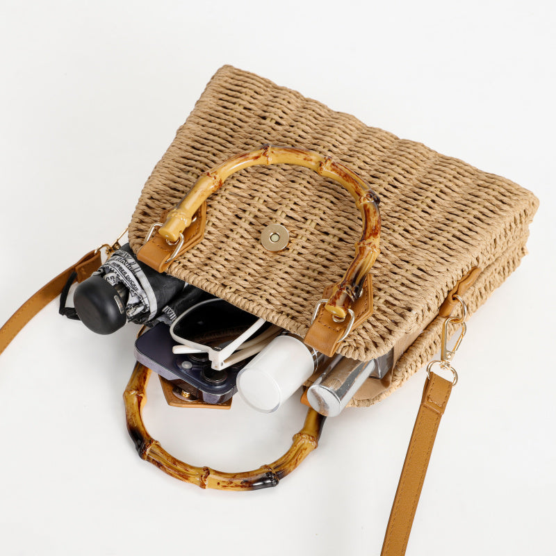 Mori Braided Handbag Imitation Bamboo Handle Cowhide Decorative Tote Bag Metal Rivet Buckle Non-Slip Foot Pad Crossbody Commuter Vacation Bag