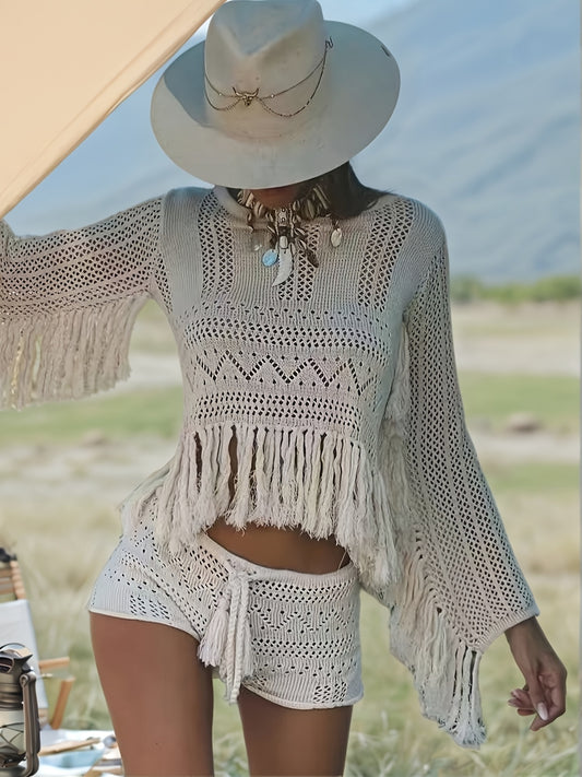 2pcs Crochet Top and Pants Set, Tassel Cut-Out Design, Fashionable Breathable Outfit for Beach Vacation Strolls