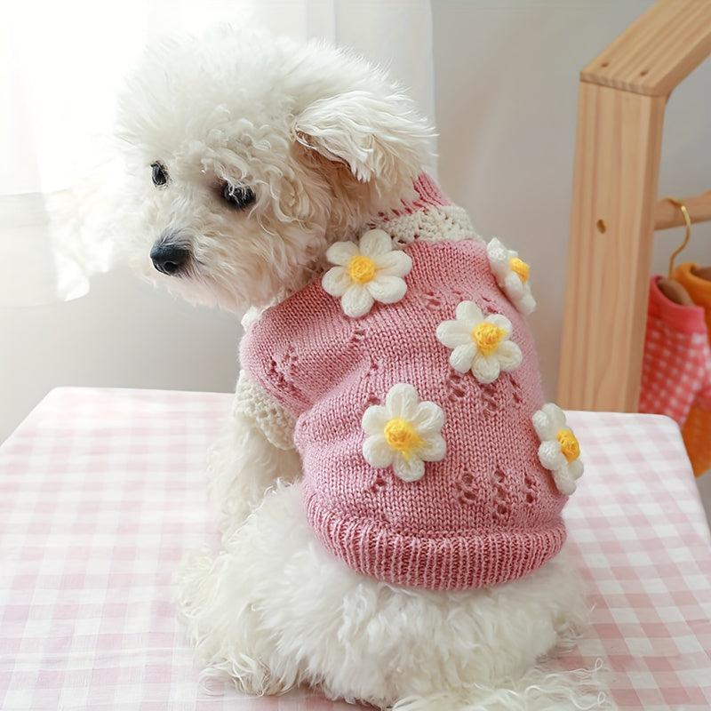 Small Dog Floral Knit Sweater - 100%Nylon Thermal Pullover，Pink white flower pattern，Suitable for Pomeranian、Bichon、Comfortable Autumn and Winter Dog Clothes for Small Breeds Like Poodles
