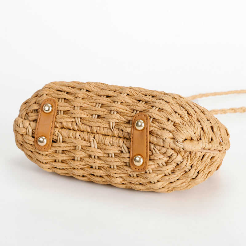 Mori Braided Handbag Natural Straw Tote Bag Light Brown Leather Decoration+Metal Lock Buckle Removable Shoulder Strap Multi-Purpose Package Non-Slip Foot Design