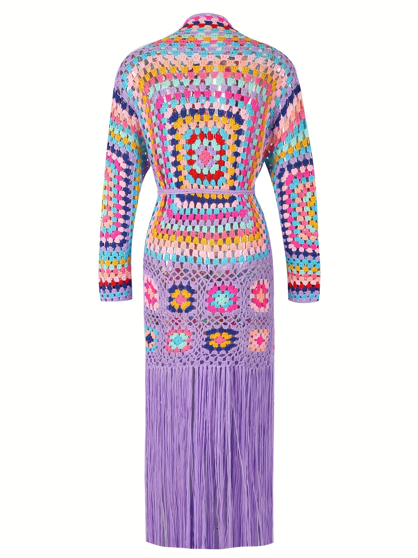 [Casual Knitted Cardigan] Long-Sleeved Women's Knitted Open-Front Cardigan - Casual Tassel Hollow Hand-Crocheted Long Coat for Women Swimsuit Cover-Ups A1215